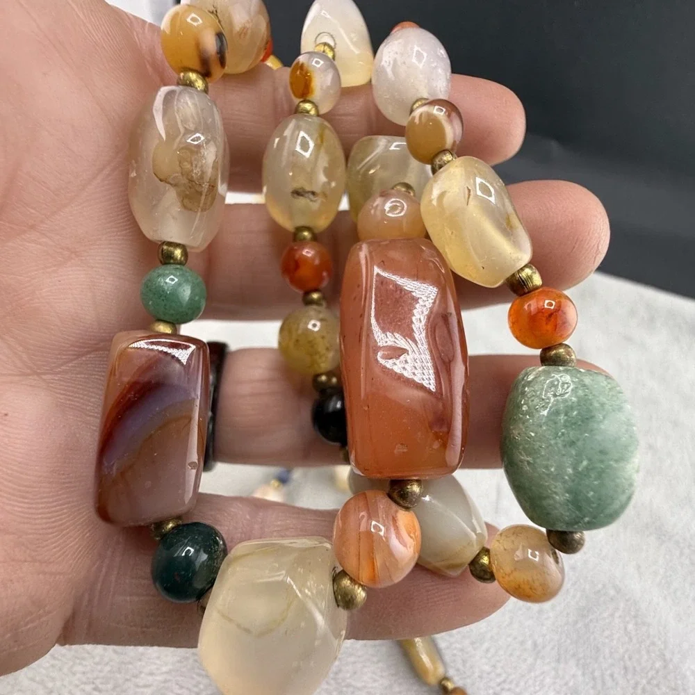 Vintage Beggers Beaded Necklace Polished Stone Flapper Opera 34